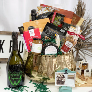 Gift basket with wine and gourmet food items Easter bunny ornament on a table | Vancouver Gift Baskets with wine, beer, and spirits