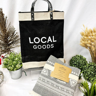 Black tote bag with 'Local goods' text Easter bunny ornament on a table | Vancouver Gift Baskets with Canadian-made products