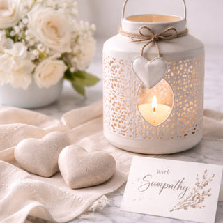 Lit Candle in holder with sympathy card Easter bunny ornament on a table | Vancouver Gift Baskets for Bereavement and Sympathy