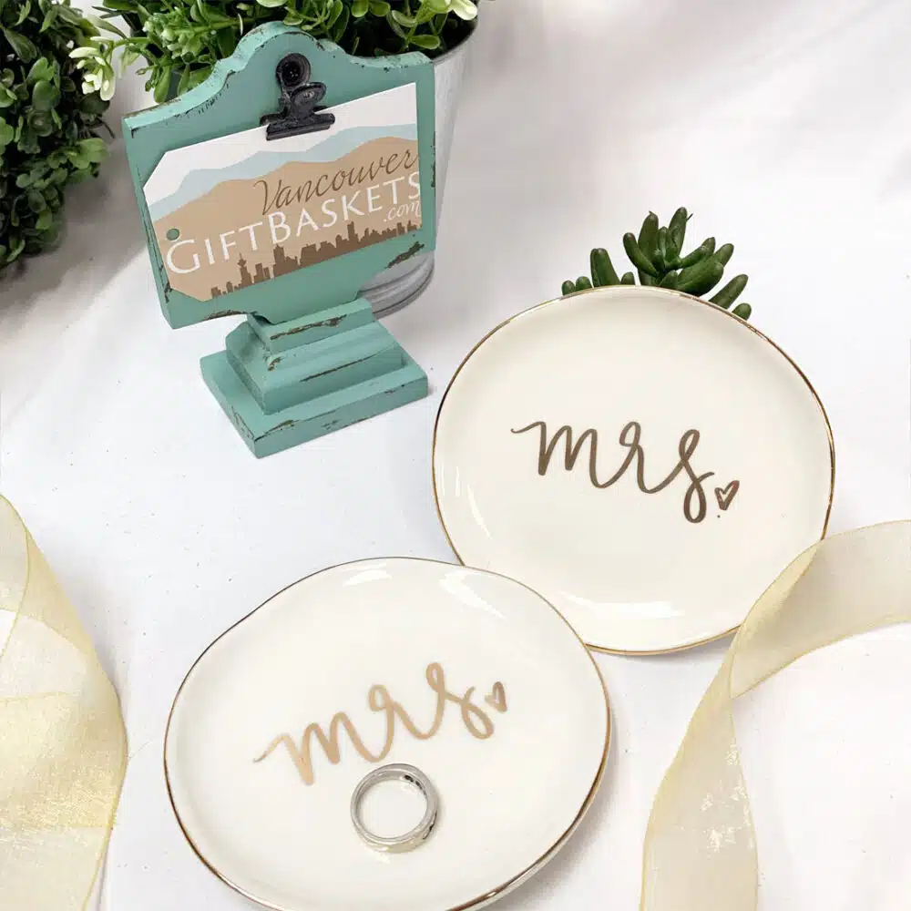 Gold Trimmed Ceramic Mrs Ring Plate by Vancouver Gift Baskets